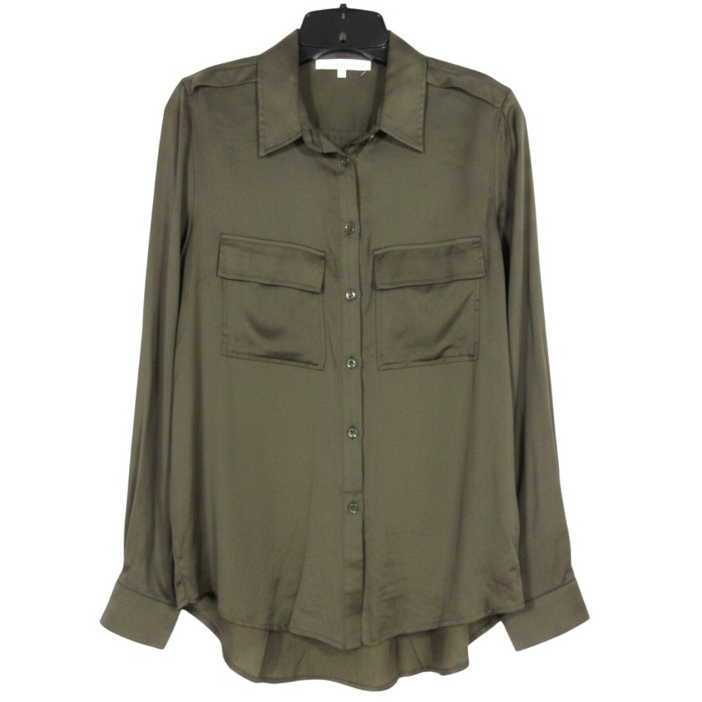 MELISSA NEPTON Dark Green SATIN Button-Up FLAP POCKETS Dress BLOUSE/TOP Sz S